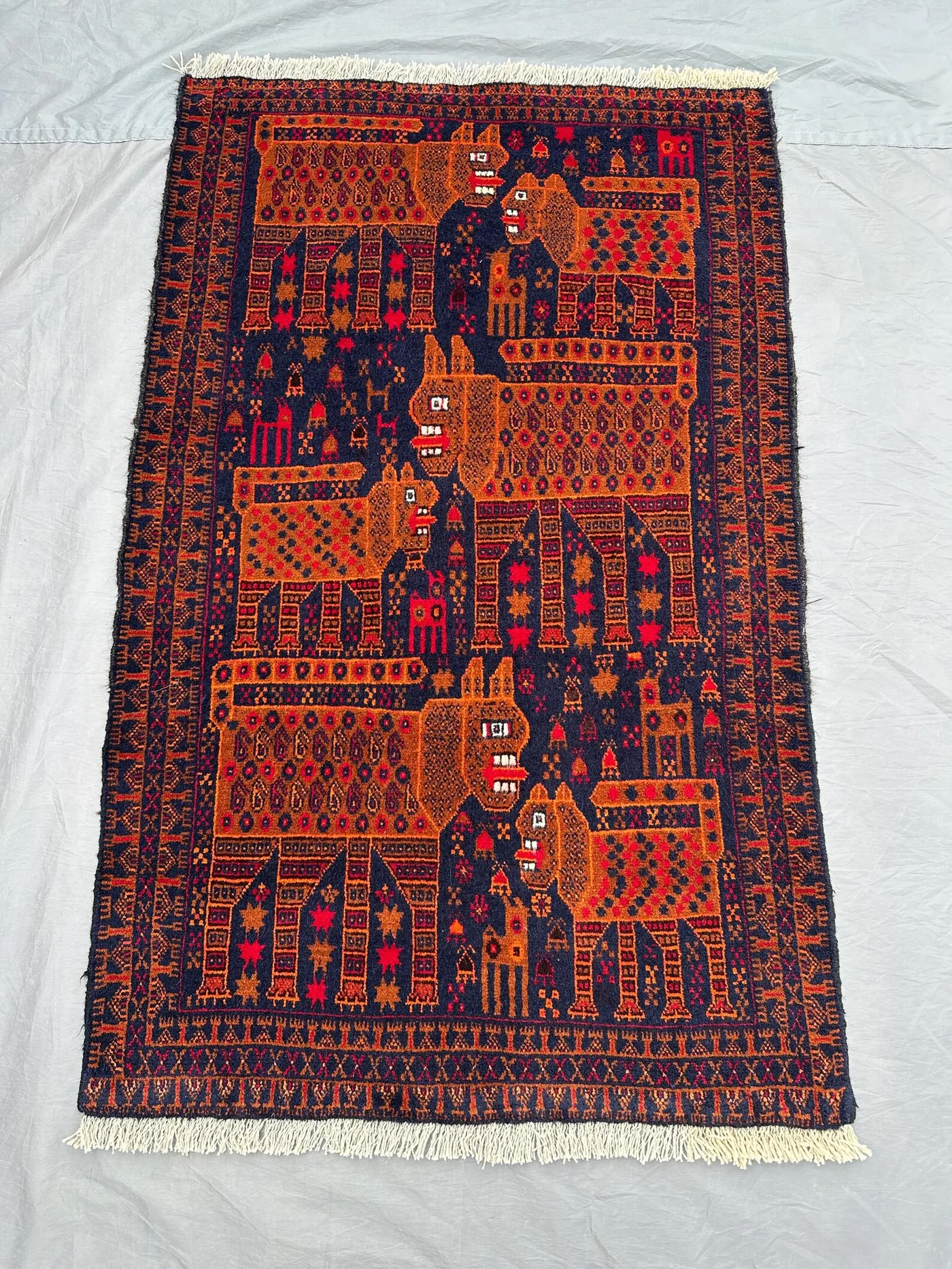 3x5 Afghan Tribal Pictorial Rug | Hand Knotted Wool Carpet | Animal Lion Design, Geometric Style | Vintage Wool Area Rug, Boho Wall Decor