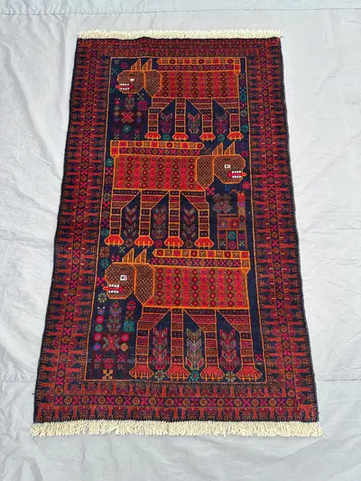 3x5 Afghan Tribal Pictorial Rug | Hand Knotted Wool Carpet | Animal Lion Design, Geometric Style | Vintage Woo