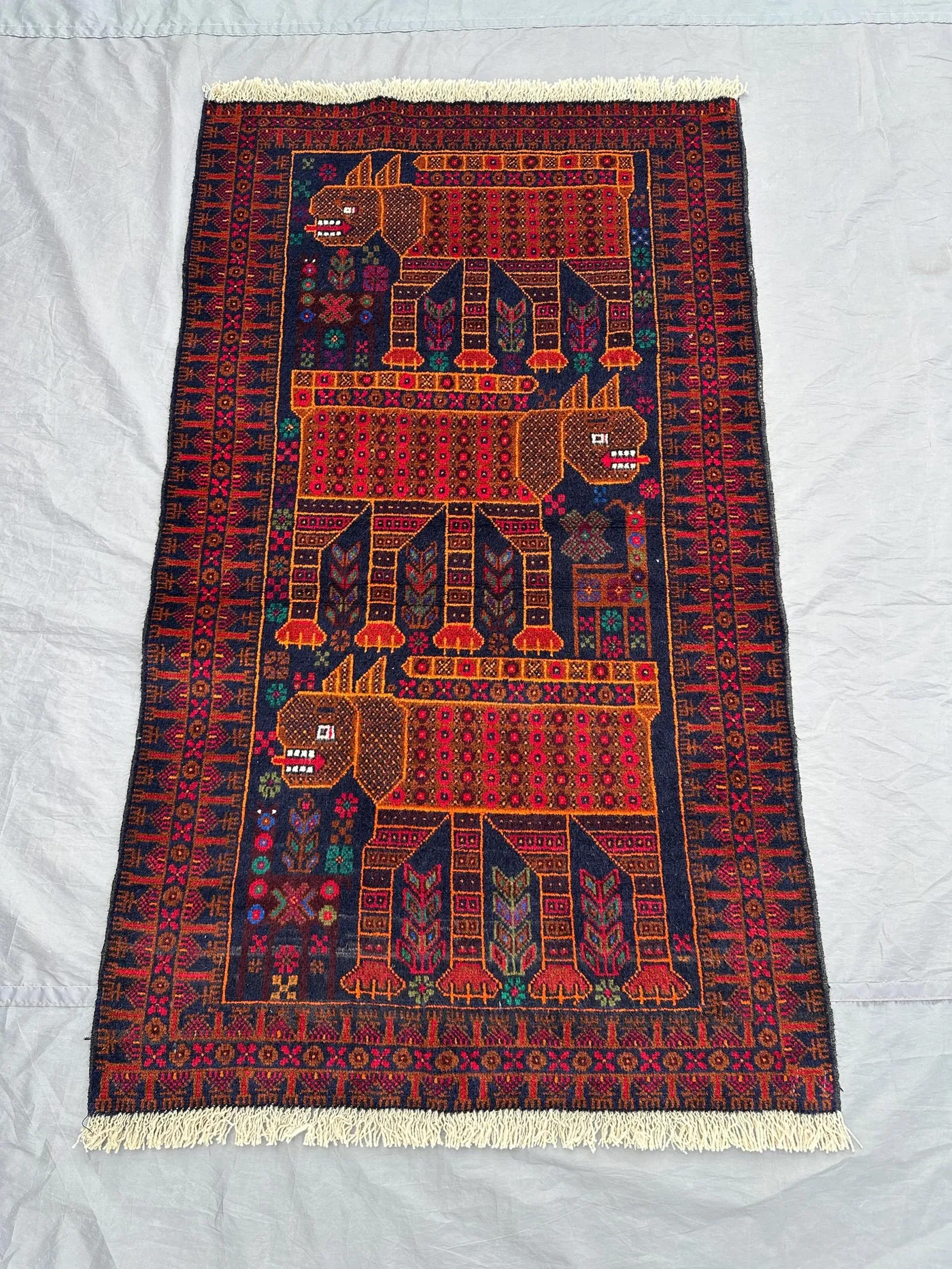 3x5 Afghan Tribal Pictorial Rug | Hand Knotted Wool Carpet | Animal Lion Design, Geometric Style | Vintage Wool Area Rug, Boho Wall Decor