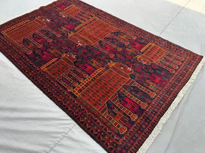 4'1x6'4 ft Afghan Tribal Pictorial Rug | Hand Knotted Wool Carpet | Animal Lion Design, Geometric Tribal Style