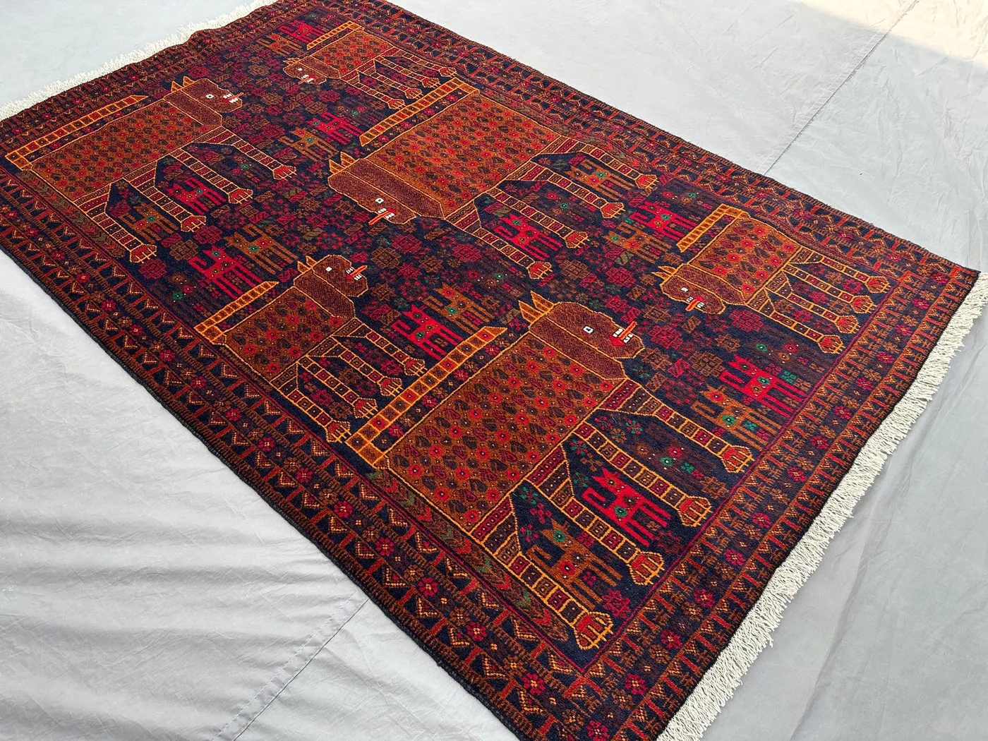 4'1x6'4 ft Afghan Tribal Pictorial Rug | Hand Knotted Wool Carpet | Animal Lion Design, Geometric Tribal Style | Vintage Wool Area Rug