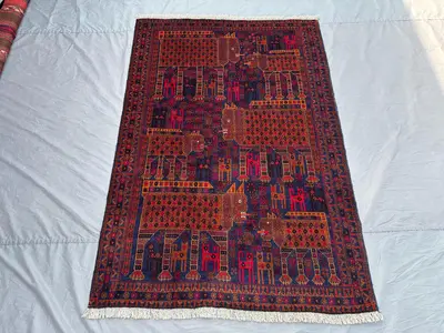 4x6 Afghan Tribal Pictorial Rug | Hand Knotted Wool Carpet | Animal Lion Design, Geometric Tribal Style | Vint