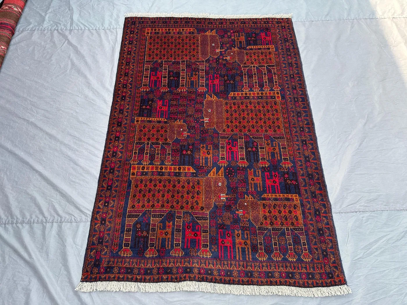 4x6 Afghan Tribal Pictorial Rug | Hand Knotted Wool Carpet | Animal Lion Design, Geometric Tribal Style | Vintage Wool Area Rug, Kitchen Rug