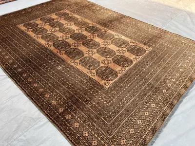 7x10 Bukhara Terracotta Tribal Rug | Afghan Hand Knotted Wool Rug | Geometric Pattern | Turkmen Faded Rug | La