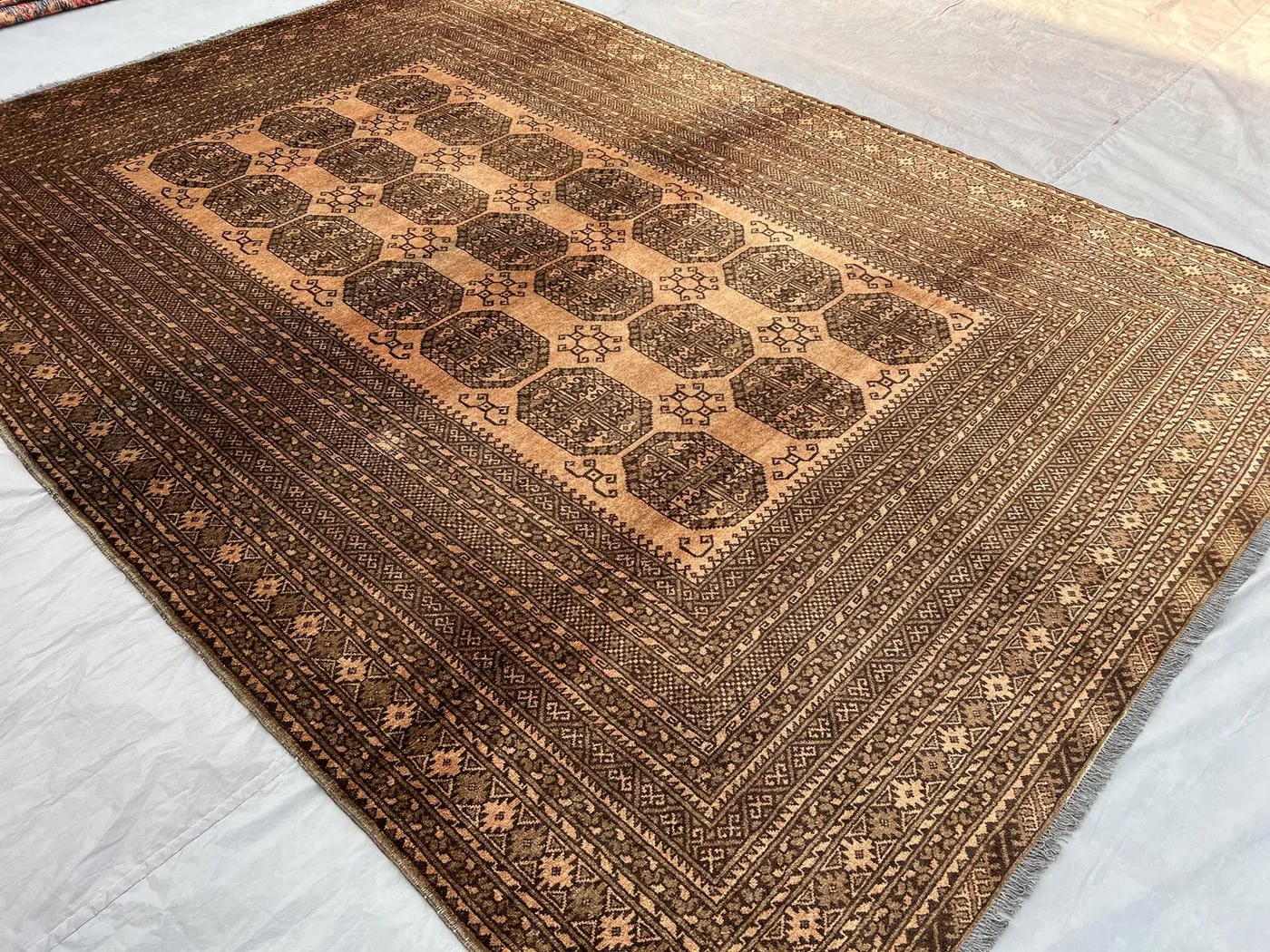 7x10 Bukhara Terracotta Tribal Rug | Afghan Hand Knotted Wool Rug | Geometric Pattern | Turkmen Faded Rug | Large Area Rug | Bedroom Carpet
