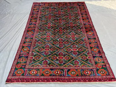 6'3x9'3 ft Antique Ersari Tribal Rug | Green Geometric Pattern | Hand Knotted Wool Rug | Nomadic Area Carpet |