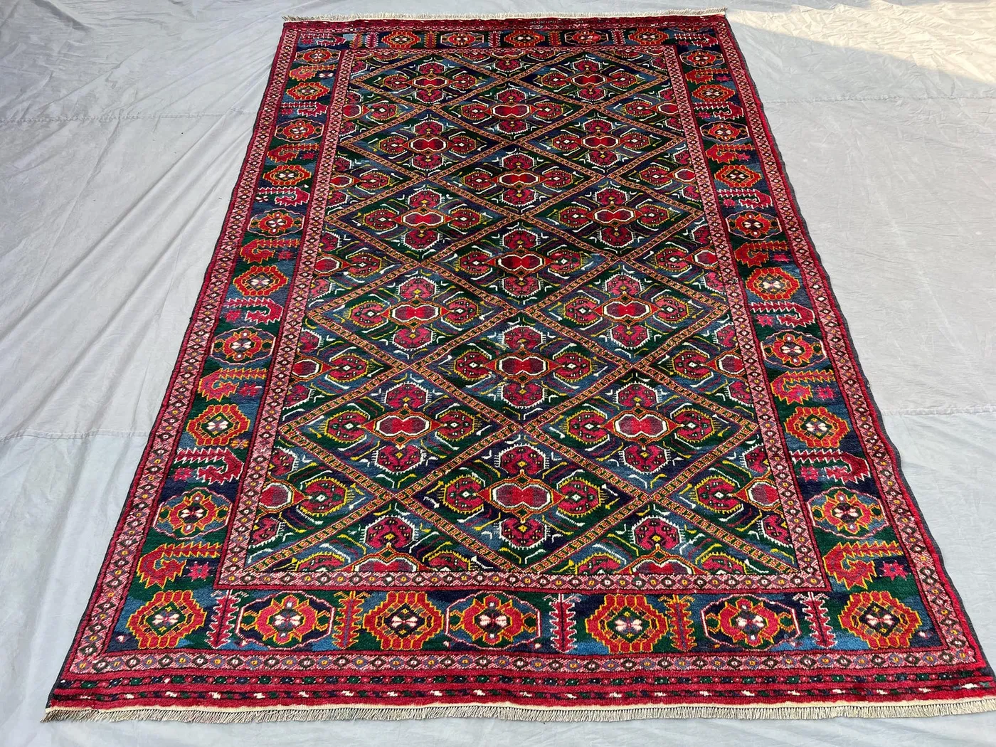 6'3x9'3 ft Antique Ersari Tribal Rug | Green Geometric Pattern | Hand Knotted Wool Rug | Nomadic Area Carpet | Living Room Rug, Bedroom Rug