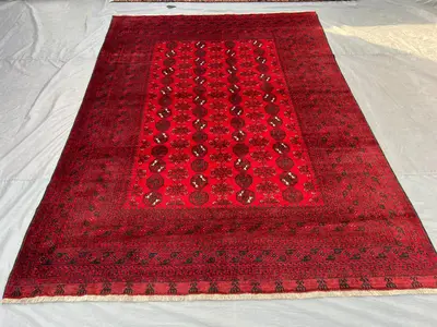 7'4x10'1 ft Antique Bashiri Rug | Hand Knotted Afghan Wool Carpet | Red Ersari Tribal Rug | Geometric Pattern 