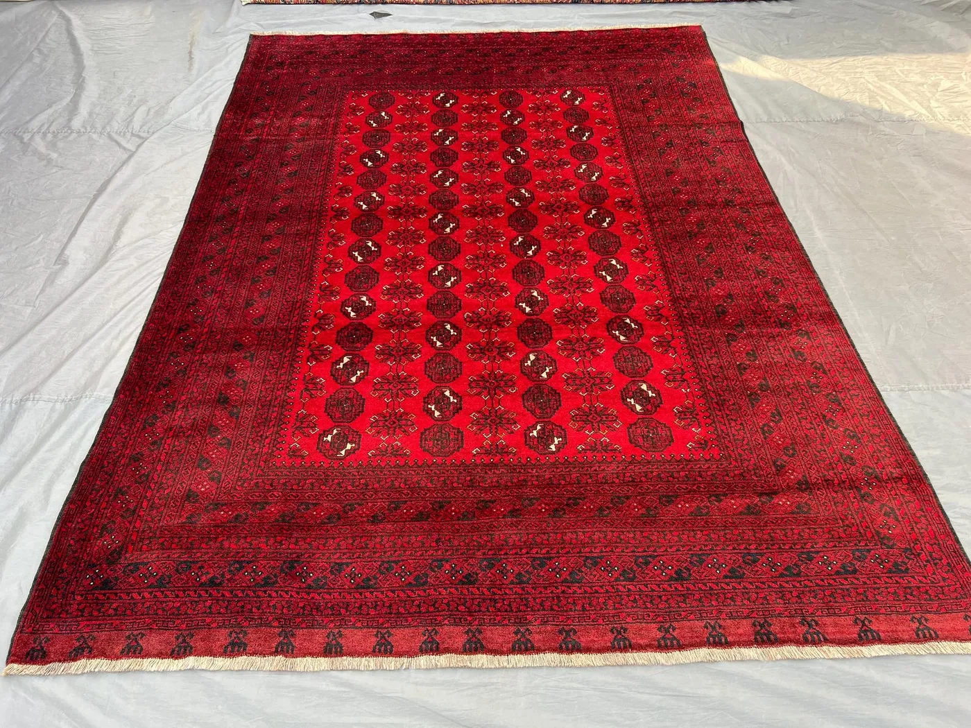 7'4x10'1 ft Antique Bashiri Rug | Hand Knotted Afghan Wool Carpet | Red Ersari Tribal Rug | Geometric Pattern | Living Room Rug, Home Decor