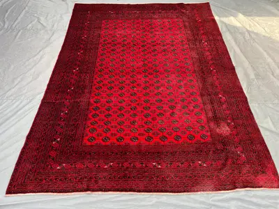 8x11 Antique Turkmen Bukhara Rug | Hand-Knotted Wool Tribal Carpet | Red Geometric Afghan Rug | Large Oriental