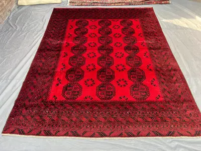 9x12 Turkmen Bukhara Design Rug | Hand-Knotted Red Wool | Elephant-Foot Gul | Large Afghan Area Rug