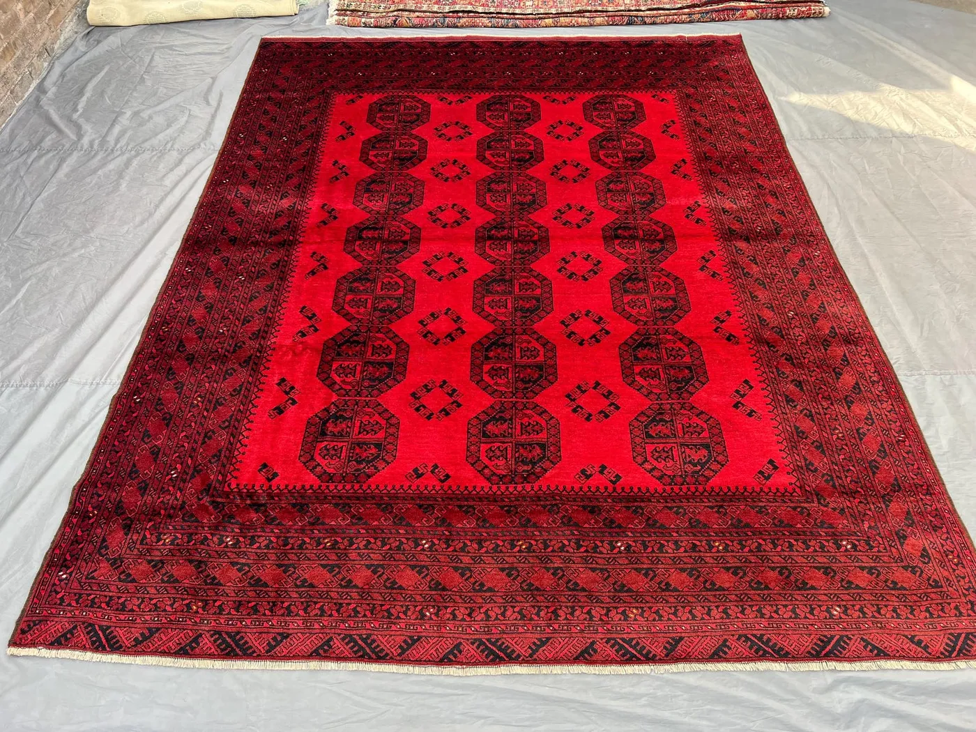 9x12 Turkmen Bukhara Design Rug | Hand-Knotted Red Wool | Elephant-Foot Gul | Large Afghan Area Rug