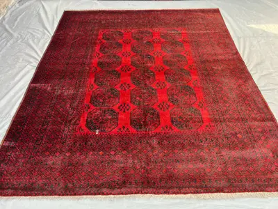 9x10 Afghan Tribal Rug | Hand-Knotted Wool Carpet | Red Elephant Foot Design | Turkmen Bukhara Style | Vintage
