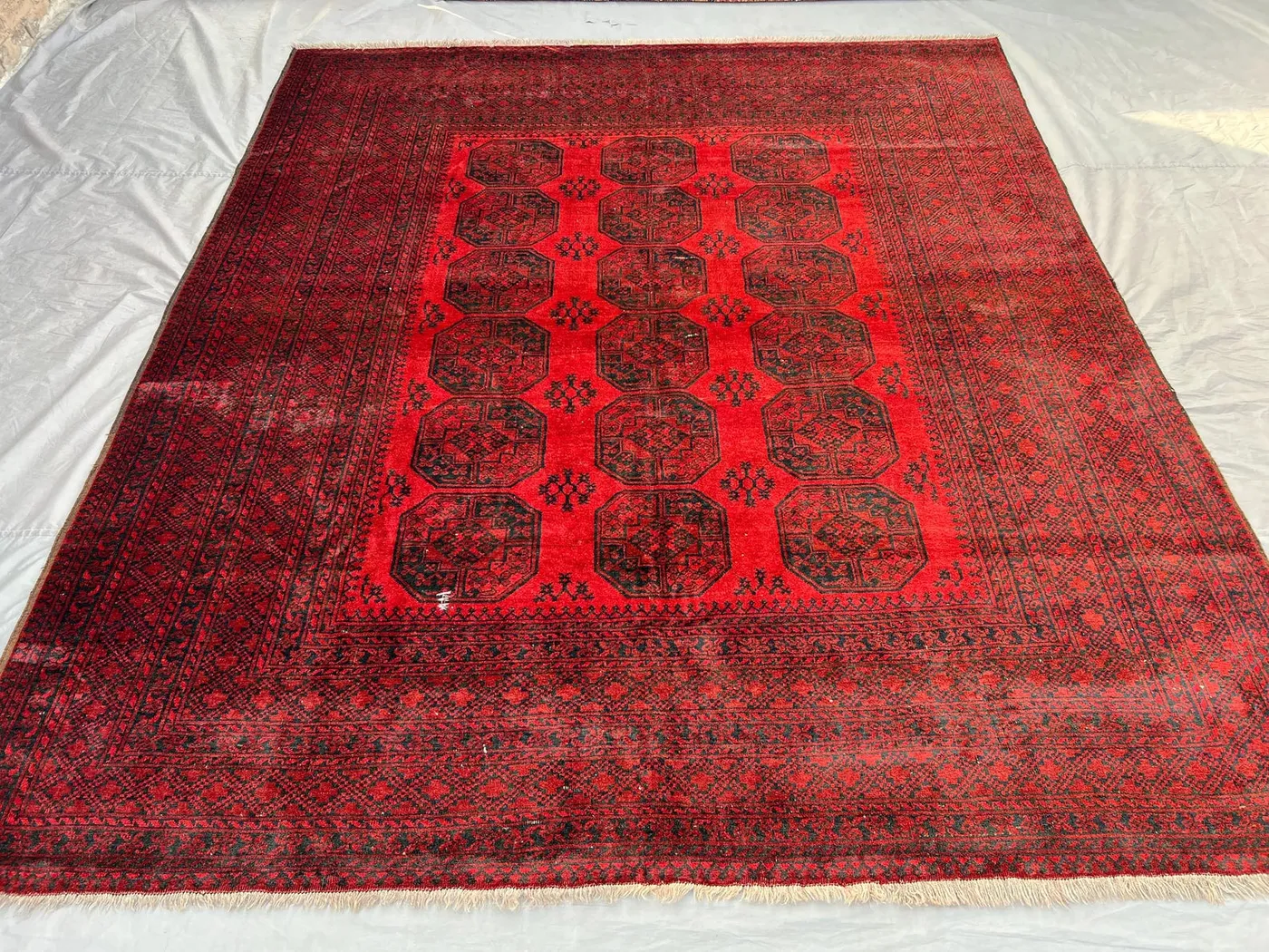 9x10 Afghan Tribal Rug | Hand-Knotted Wool Carpet | Red Elephant Foot Design | Turkmen Bukhara Style | Vintage Oriental Rug, Floor Decor