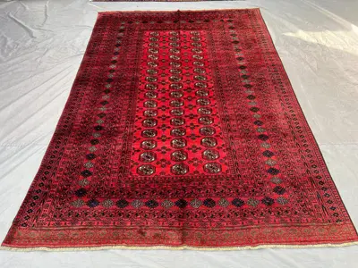7x10 Afghan Rug | Hand-Knotted Wool Carpet | Red Turkmen Bukhara Design | Vintage Tribal Dog Foot Pattern | La