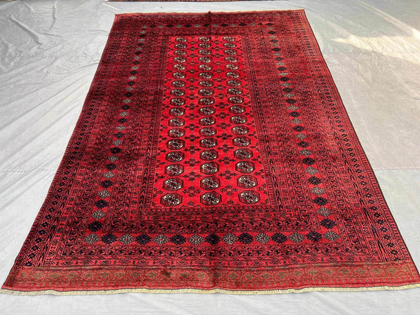 7x10 Afghan Rug | Hand-Knotted Wool Carpet | Red Turkmen Bukhara Design | Vintage Tribal Dog Foot Pattern | Large Area Rug, Floor Carpet