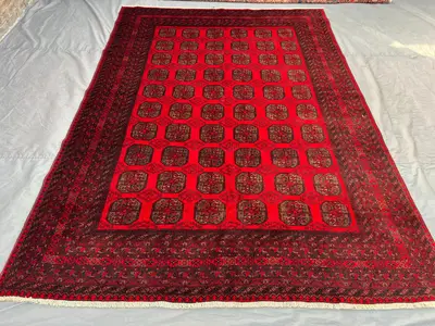 8'1x11'3 Turkmen Bukhara Design Rug | Antique Hand-Knotted Afghan Wool | Elephant-Foot Gul Tribal Carpet