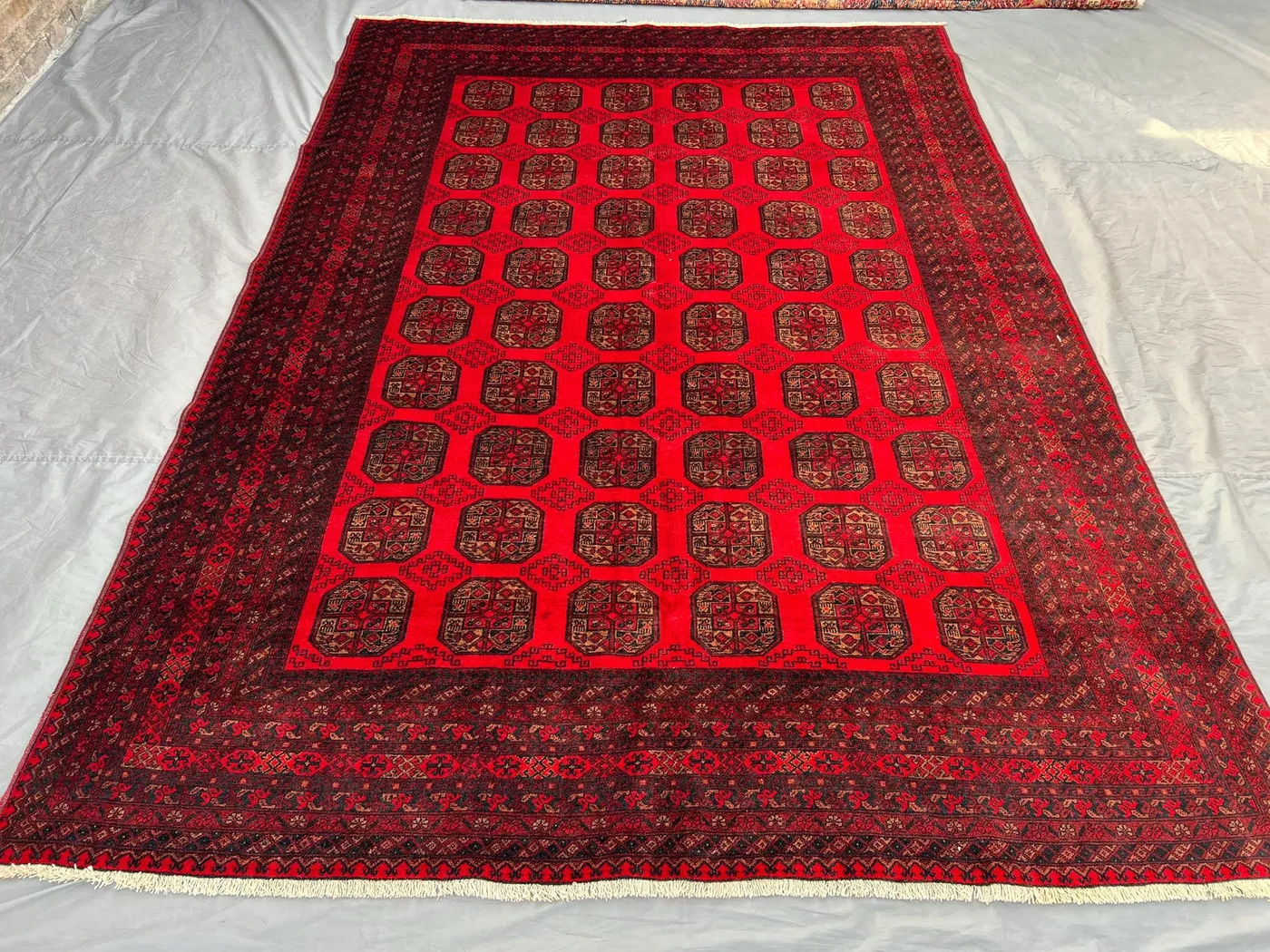 8'1x11'3 Turkmen Bukhara Design Rug | Antique Hand-Knotted Afghan Wool | Elephant-Foot Gul Tribal Carpet