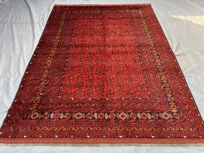 7'5x10'6 Turkmen Bashiri Ersari Design Rug | Antique Hand-Knotted Afghan Wool | Red Tribal Geometric Carpet