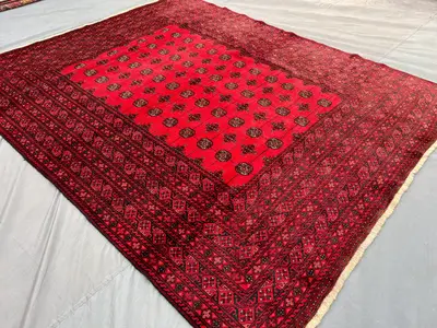 6'6x8 Ft Turkmen Bukhara Rug | Vintage Hand-Knotted Wool Carpet | Red Tribal Repeating Gul Design | Afghan Ori