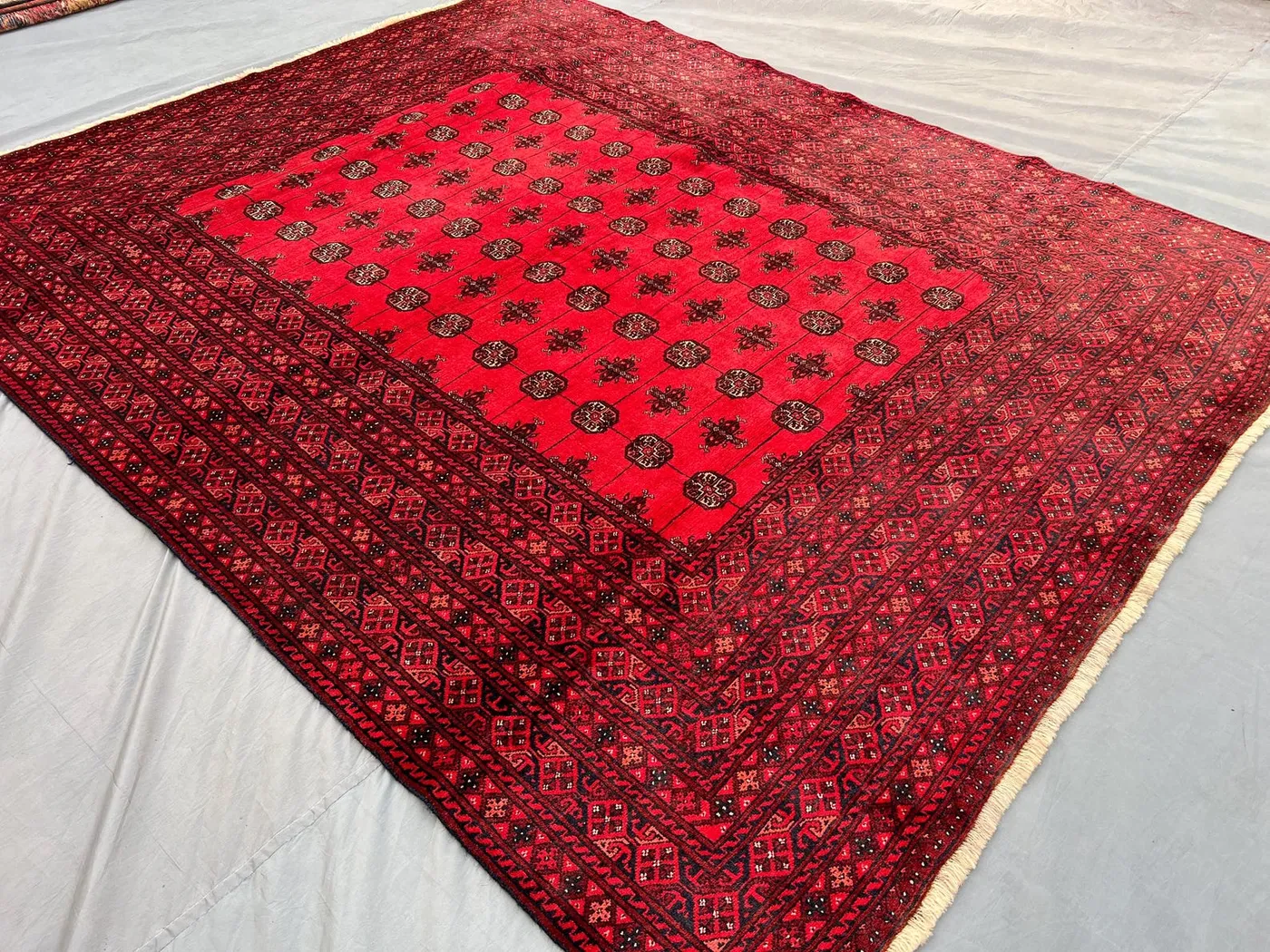 6'6x8 Ft Turkmen Bukhara Rug | Vintage Hand-Knotted Wool Carpet | Red Tribal Repeating Gul Design | Afghan Oriental Area Decor, Bedroom rug