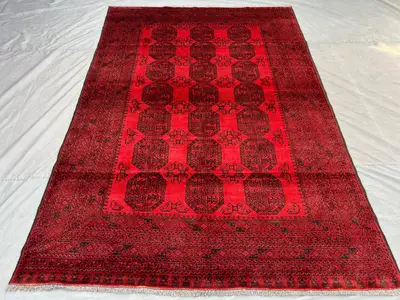 7x10 Antique Turkmen Rug | Hand-Knotted Elephant Foot Gul Carpet | Large Red Tribal Wool Area Rug | Vintage Or