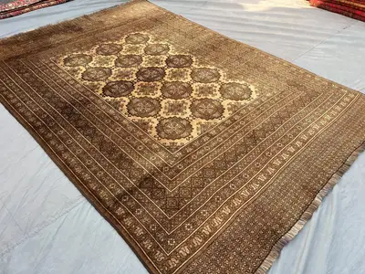7x10 Terracotta Faded Rug Turkmen Ersari Tribal Rug | Hand Knotted Wool Geometric Pattern | Afghan Handmade Or