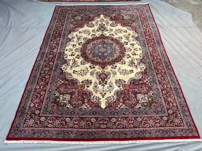 8x11 Caucasian Design Rug | Vintage 1970s Turkish Hand-Knotted Wool | Red Ivory Medallion Tribal Carpet