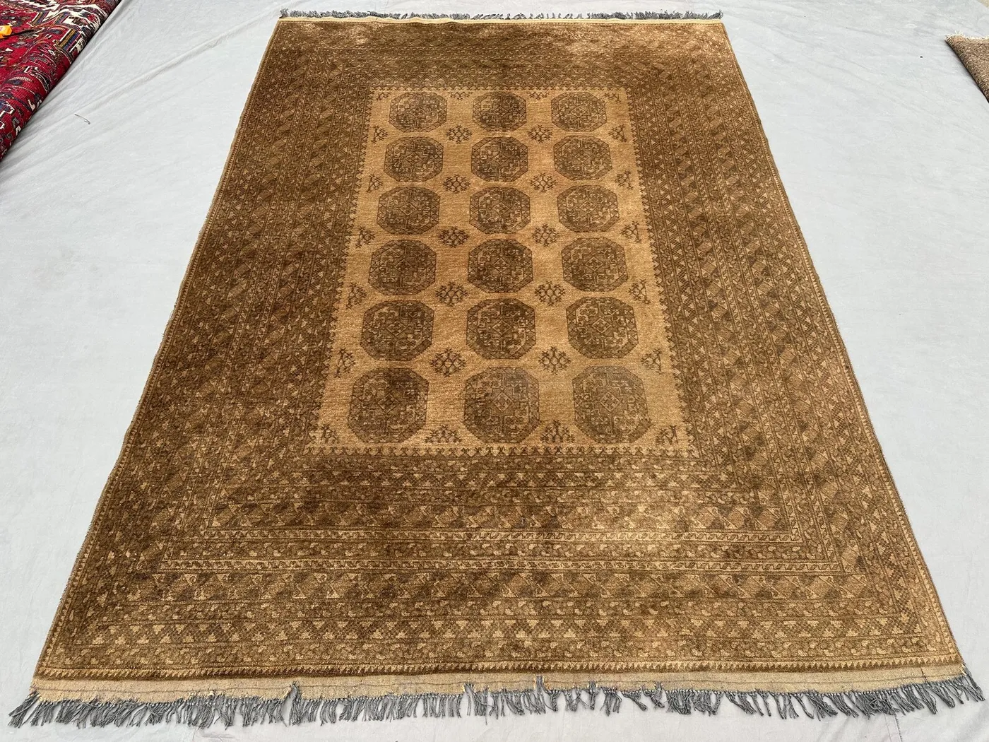 7x10 Elephant Foot Rug | Antique Turkmen Wool Carpet | Afghan Tribal Handmade Rug | Brown Beige Geometric Oriental Area Decor, Bedroom Rug