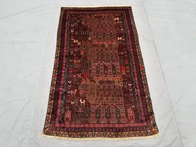 3'8x6'3 ft Baluch Pictorial Rug | Vintage Afghan Wool Carpet | Hand Knotted Nomadic Art Rug, Tribal Design Col