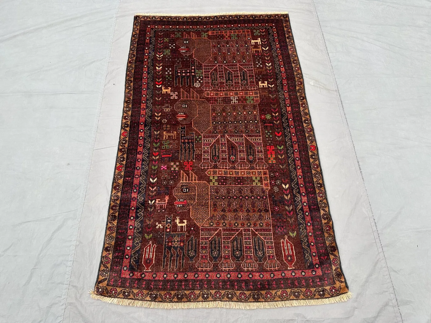 3'8x6'3 ft Baluch Pictorial Rug | Vintage Afghan Wool Carpet | Hand Knotted Nomadic Art Rug, Tribal Design Collectible Area Animal Decor Rug