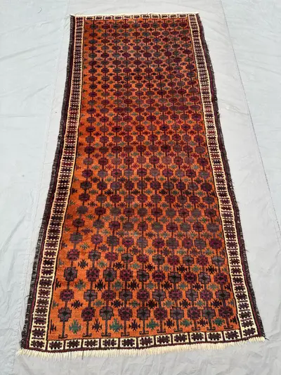 4x9 Wide Baluch Rug | Vintage Afghan Hand Knotted Wool Carpet | Tribal Turkmen Style | Geometric Nomadic Desig