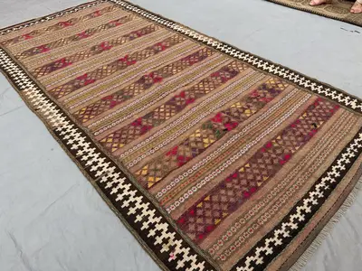 5'2x10 ft Afghan Kilim Rug | Antique Hand Woven Tribal Wool Sumak Carpet | Rare Geometric Flat Weave Outdoor R