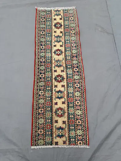 1'9x5'2 ft Vintage Modern Runner Rug | Afghan Hand Knotted Oushak Carpet | Narrow Wool Hallway Rug | Geometric