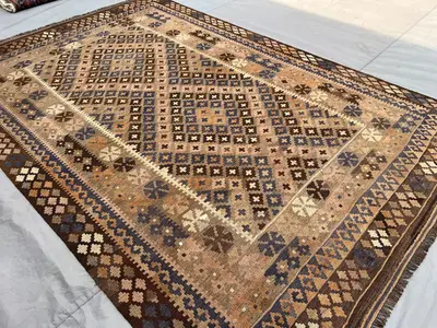6'7"x9'7" ft Afghan Handmade Kilim Rug | Wool Flat Weave Carpet | Terracotta Blue Beige Geometric Turkish Styl