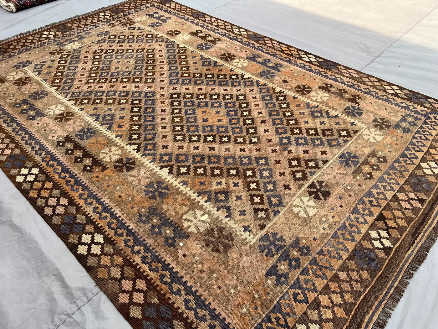 6'7"x9'7" ft Afghan Handmade Kilim Rug | Wool Flat Weave Carpet | Terracotta Blue Beige Geometric Turkish Style Bedroom Decor Rug, floor Rug