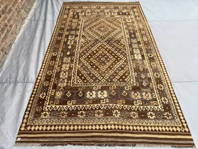 6x10 Afghan Handwoven Kilim Rug | Brown Beige Tribal Flat Weave | Wool Geometric Carpet | Vintage Boho Area Ru
