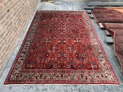 7'5 x 11'3 Antique Rug | Persian-Style Herati Allover Design | Hand Knotted Wool Carpet, Red & Ivory