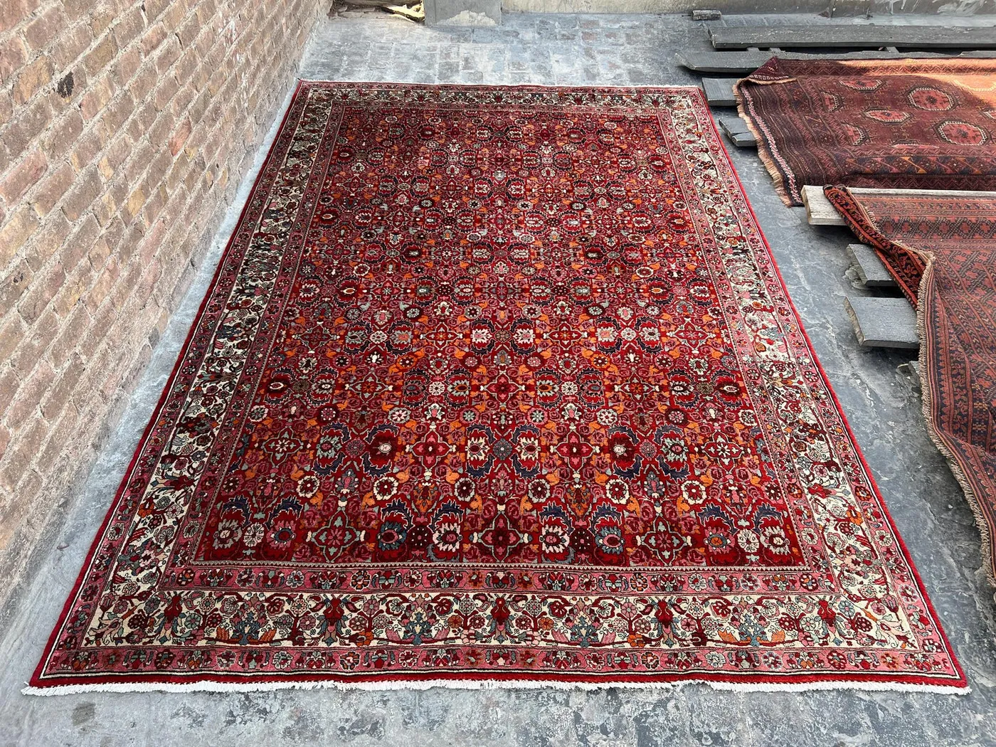 7'5 x 11'3 Antique Rug | Persian-Style Herati Allover Design | Hand Knotted Wool Carpet, Red & Ivory