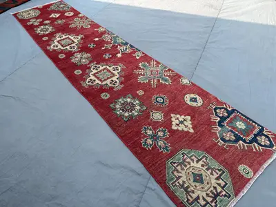2'5x10'6 ft Afghan Hand Knotted Runner Rug | Tribal Oushak Style Rug | Vintage Wool Carpet | Geometric Pattern