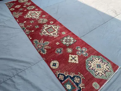 2'5x10'6 ft Afghan Hand Knotted Runner Rug | Tribal Oushak Style | Vintage Wool Carpet | Geometric Pattern, Ha