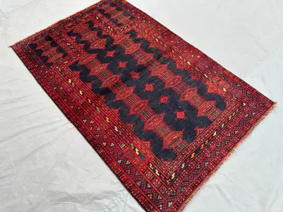 2'9x4'3 ft Afghan Baluchi Prayer Rug | Hand Knotted Wool Tribal Carpet | Dark Red Black Geometric | Vintage No