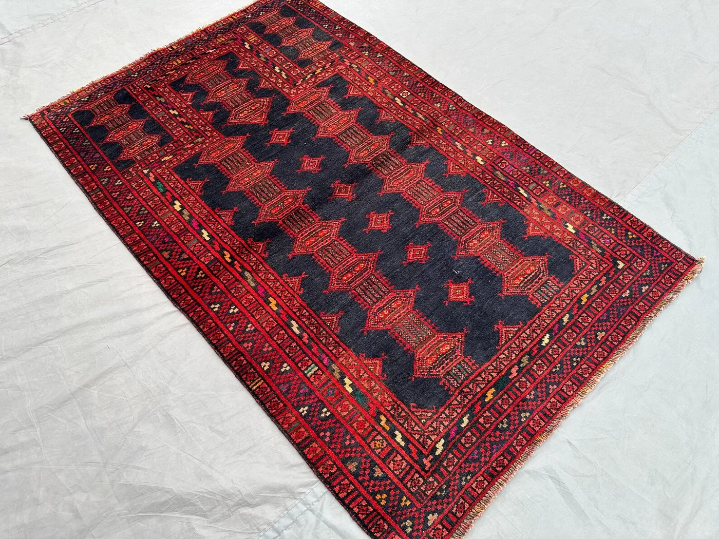 2'9x4'3 ft Afghan Baluchi Prayer Rug | Hand Knotted Wool Tribal Carpet | Dark Red Black Geometric | Vintage Nomadic Islamic Decor, Moss rug