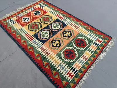 3'6x5'2 Turkish Kilim Rug | Vintage Flat Weave Wool Carpet | Colorful Geometric Tribal Area Mat | Handmade Rug