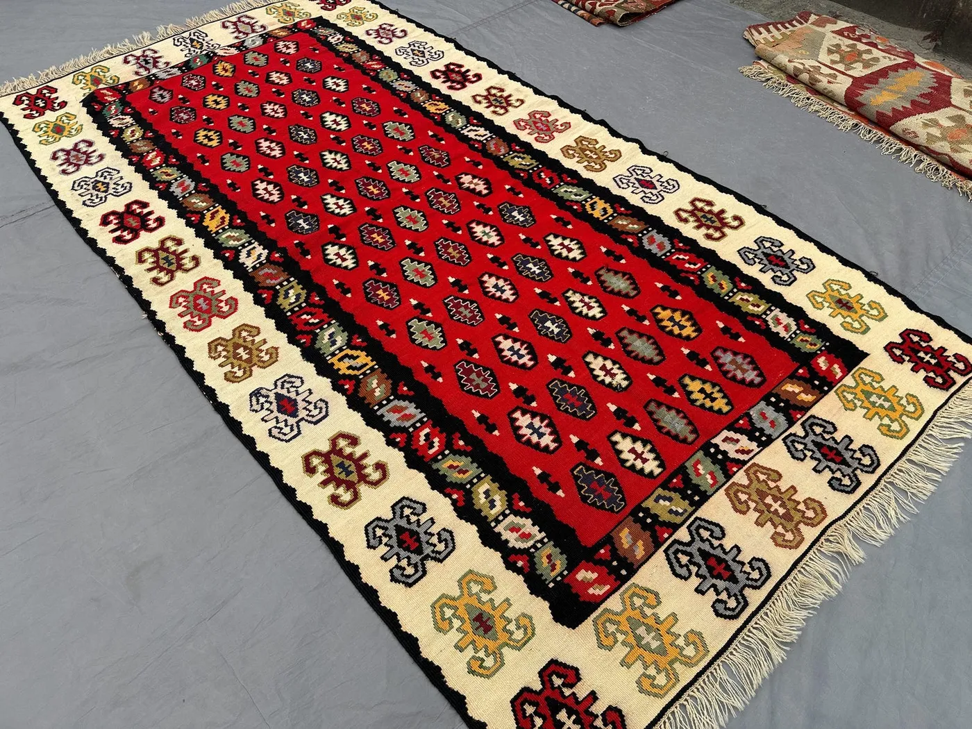 4x7 Turkish Kilim Rug | Vintage Flat Weave Wool Carpet | Red Geometric Tribal Area Rug | Handmade Anatolian Rug, Boho Decor, Kitchen rug