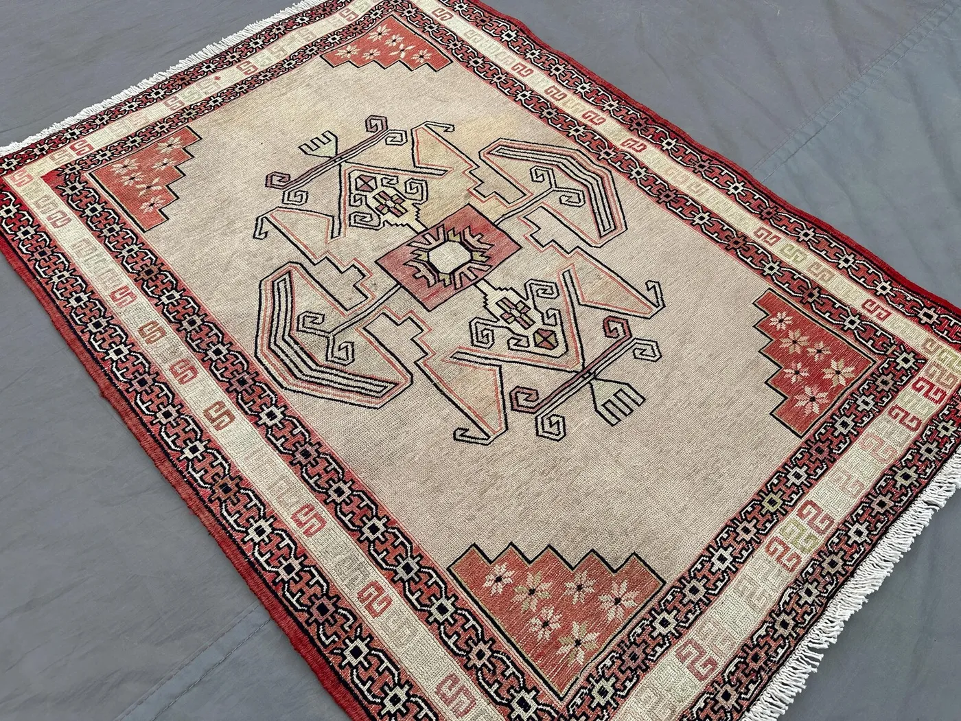 2'5x3'2 ft Vintage Afghan Sumak Rug | Handmade Silky Wool Accent Carpet | Red Beige Tribal Pattern | Boho Ethnic Small Area Decor