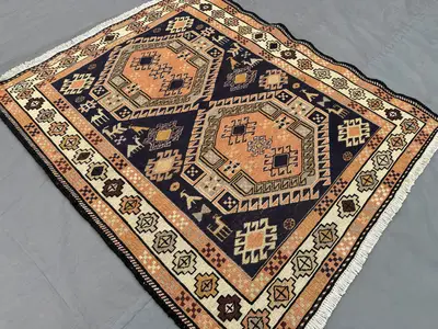 3'2x3'8 ft Afghan Sumak Rug | Vintage Tribal Wool Accent Carpet | Handwoven Silky Small Area Mat | Ethnic Laun