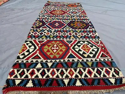3x7 Antique Turkish Anatolian Kilim Runner | Fragment Flatweave Runner | Handwoven Tribal Wool Rug, Geometric 