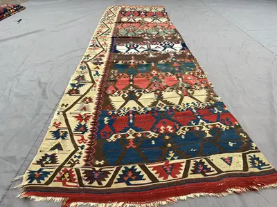 3x11 1900s Antique Turkish Anatolian Kilim | Handwoven Wool Fragment Runner | Tribal Flatweave Textile | Vinta