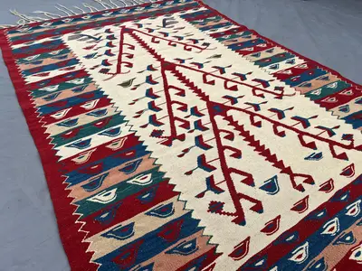 3'9x5'5 ft Vintage Turkish Tribal Rug | Handmade Flatweave Kilim Carpet | Boho Ethnic Wool Rug | Geometric Fol